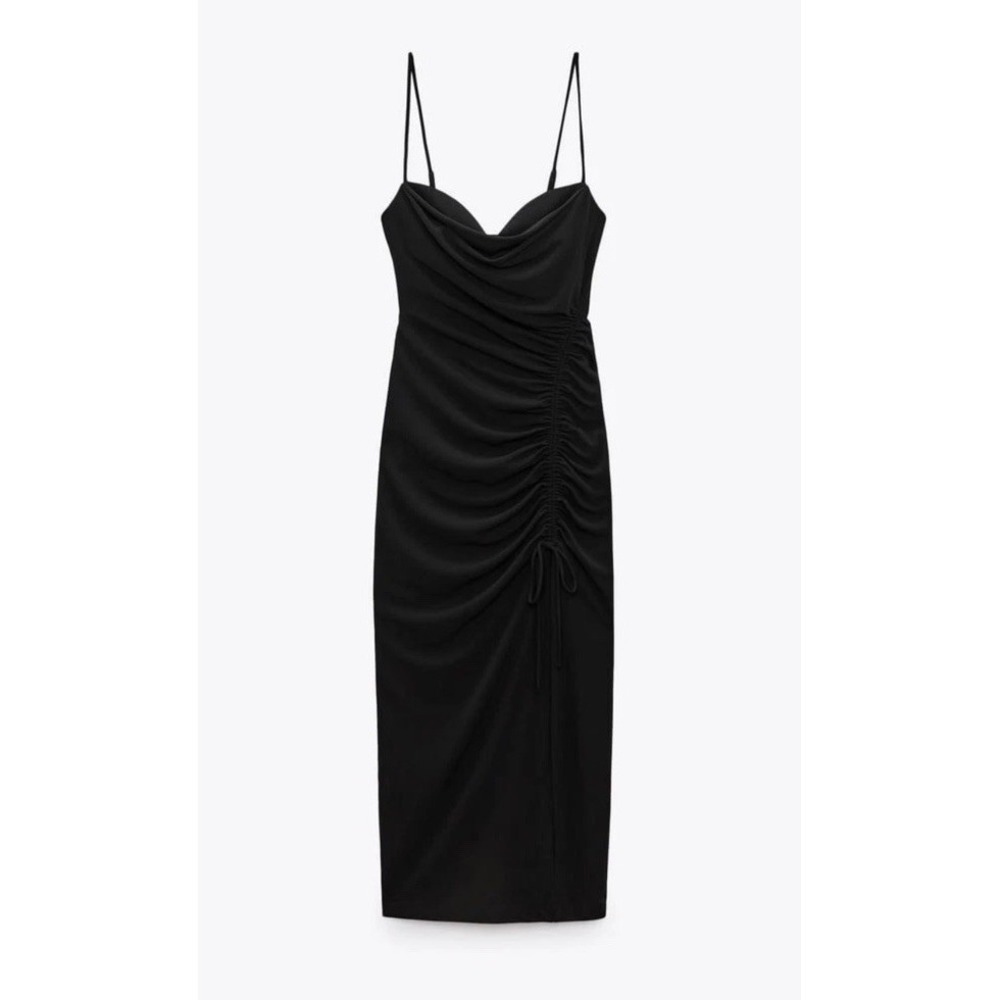Zara Black Midi Dress W Draped Detail Sweetheart Neck Leg Slit size Large‎